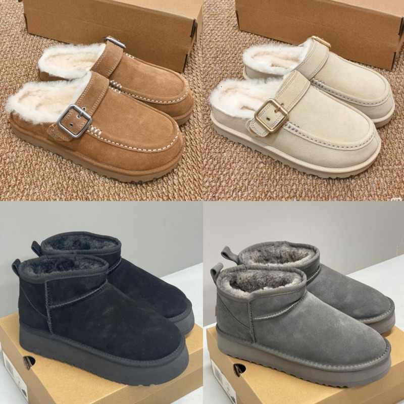 Designer Classic Wool Evelina Clogs Women Winter Furry Suede Mules Adjustable Metal Buckle Platform Boots Warm Fur Slip On Shoes Casual High Quality