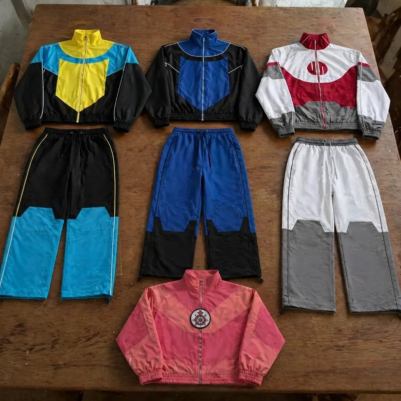 Vintage Color Block Tracksuit Men Women 2 Piece Set Retro Zip Up Stand Collar Jacket Harajuku Baggy Pants Casual Sportswear 260924