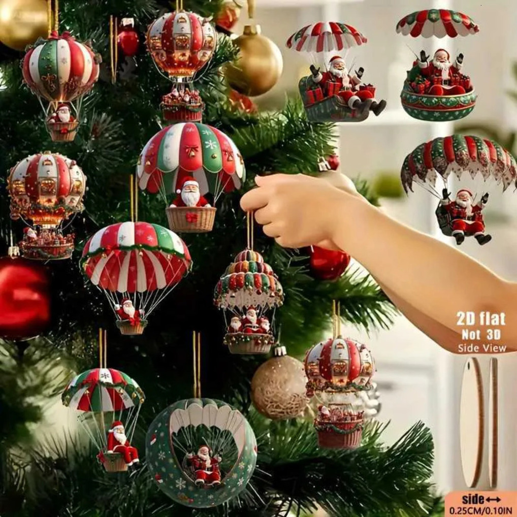 decor Christmas Decoration 12Pcs Christmas Tree 2D Wooden Hanging Decoration Set With Mobile Santa Claus And Hot Air Balloonxmas Perfect Holiday Gif