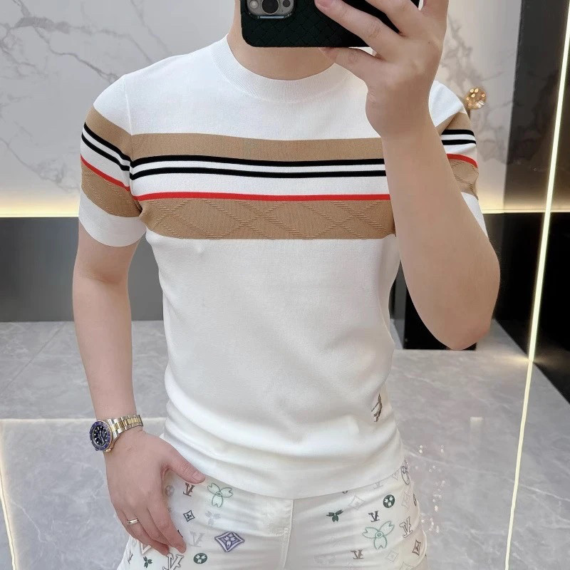 Luxury Fashion Men's Summer Streetwear Color Block Striped Short Sleeve T Shirt Slim Fit Breathable Lightweight Knit Top Casual Base Layer Unde