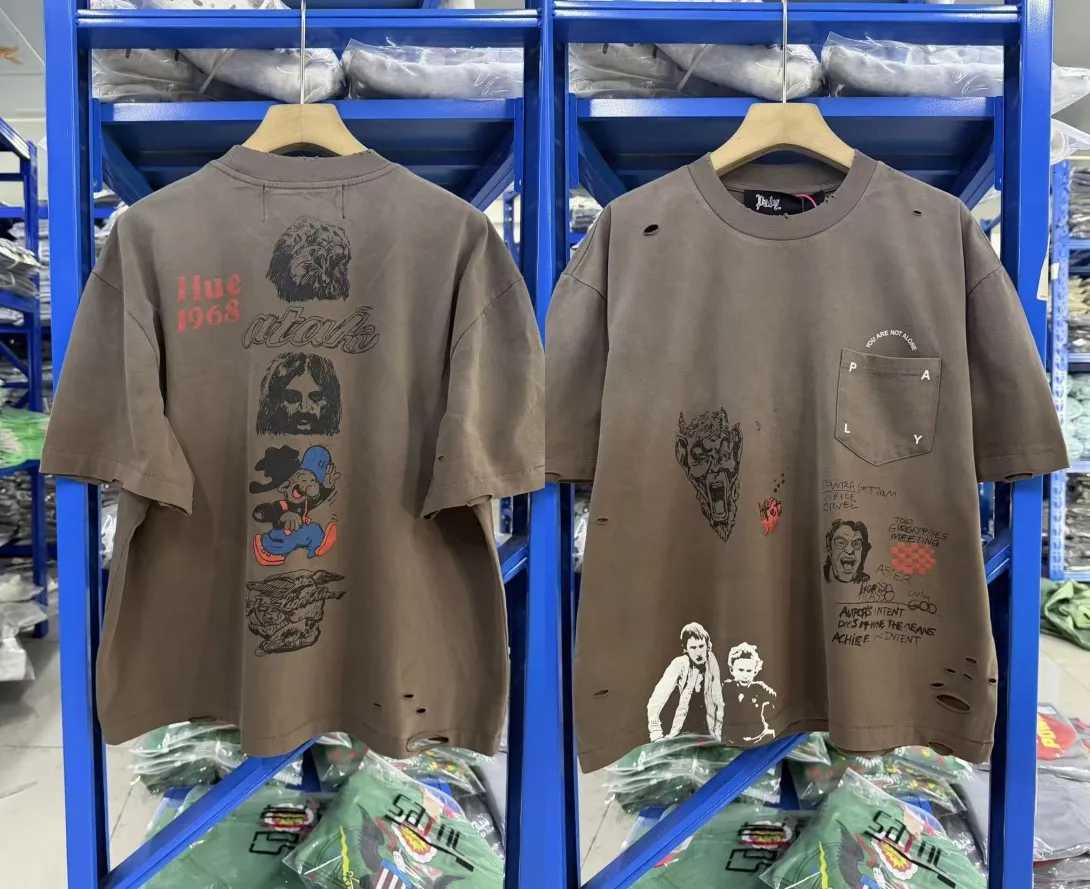 Men Woman Washed Brown Retro Best Quality Casual Damaged Hole Old Tees 2026 Summer High Street Pocket Paly T Shirt X260828