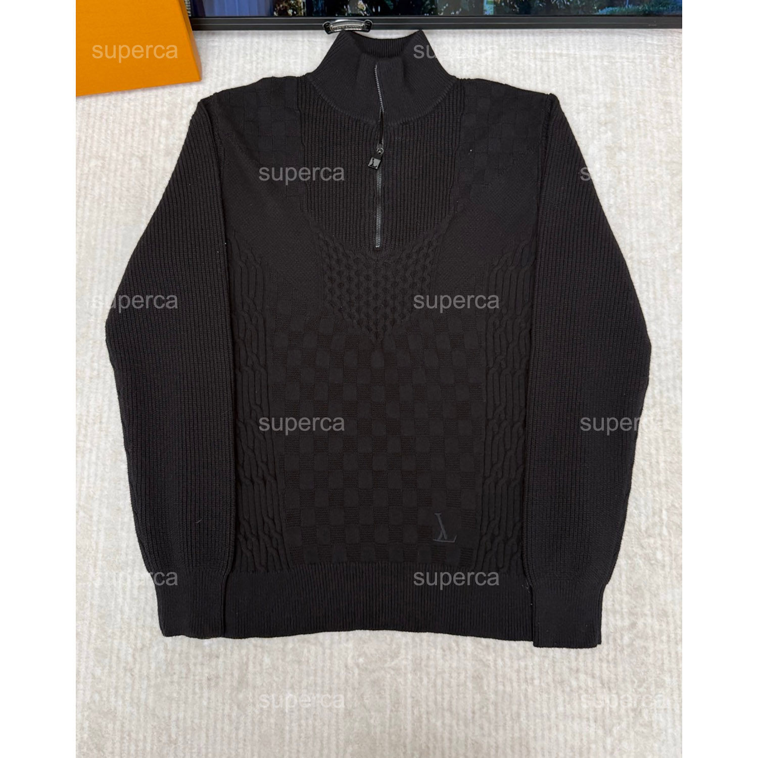 Luxury jacquard checkered pattern men's knitted pullover sweater, half zip stand up collar long sleeved sweater, black casual daily top designe