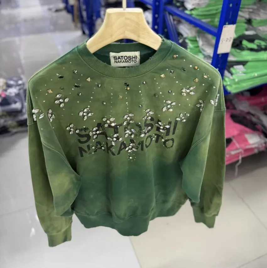 Oversize Washed Green Thick Fabric Rhinestone Satoshi Nakamoto Sweatshirts High Quality American Retro Style Pullover Tag X260828