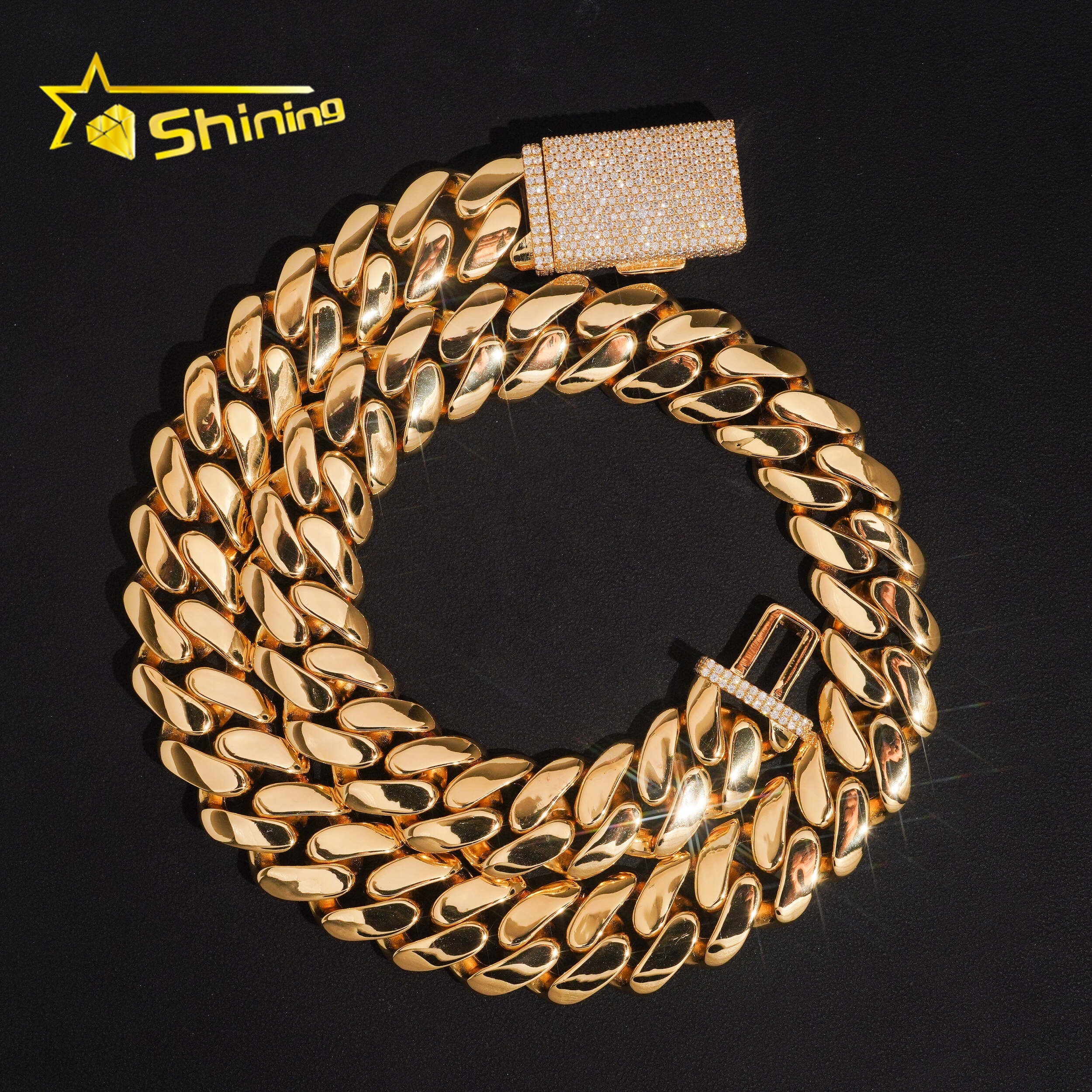 High Quality Bulk Wholesale Order 16MM Hand Made 999 Silver Cuban 18K Gold With Moissanite Clasp Lock