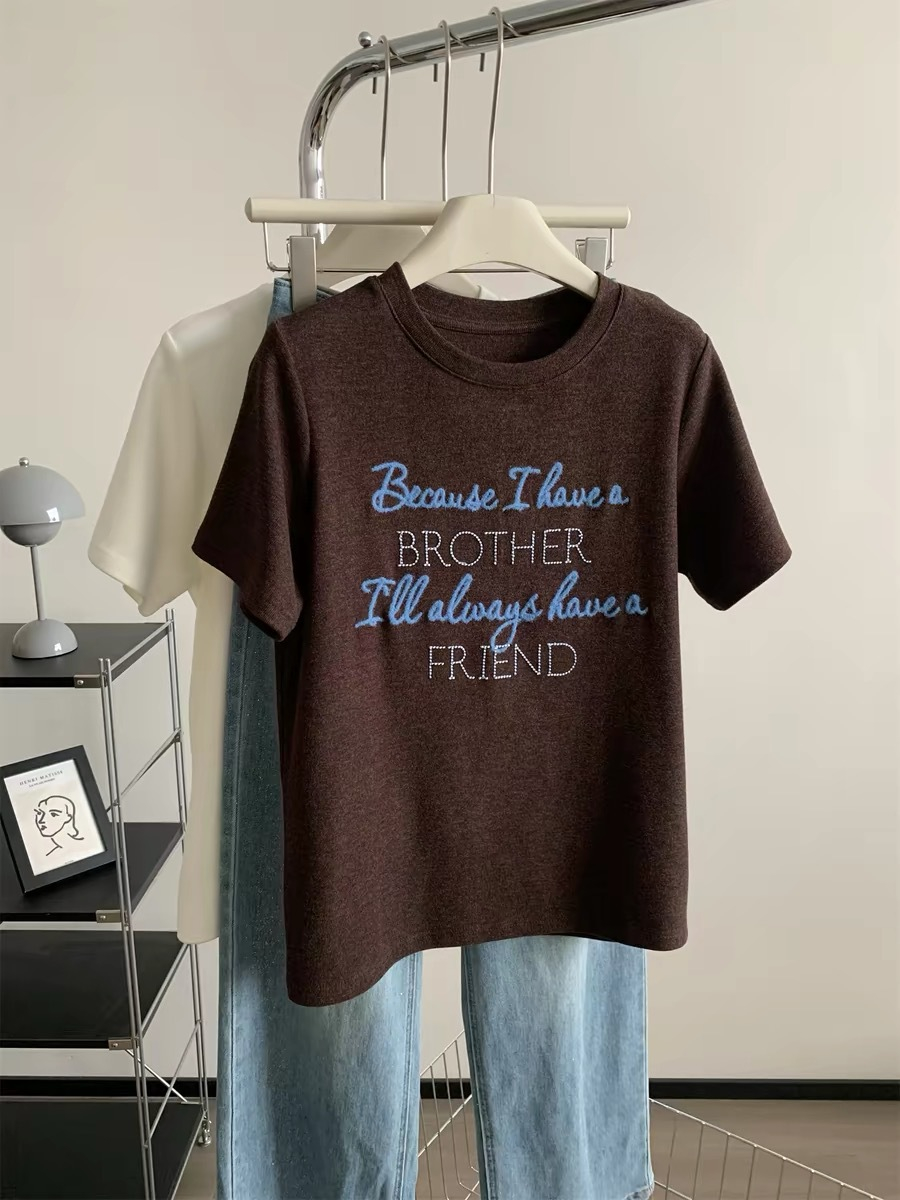 T-shirt femme 21 pièces de pur coton grande taille classique couleur café vintage, lettre brodée col rond manches courtes femmes coupe ample