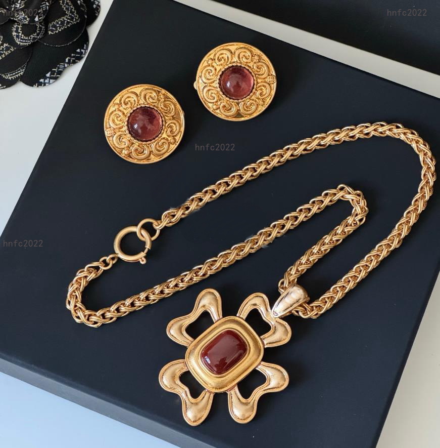 Fried Dough Twists thick chain ruby pendant necklace coin earrings set Vintage Designer Jewelry