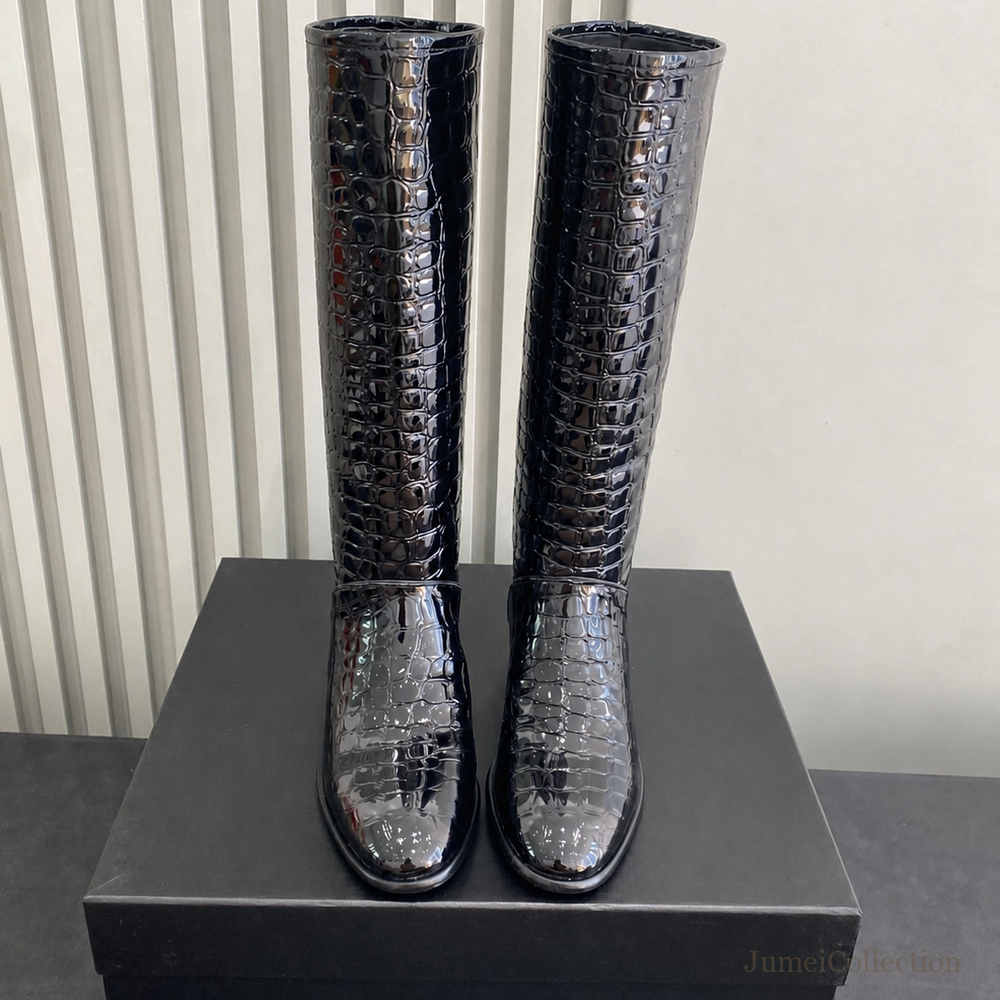 Designer Shoes Riding Boot Series Women's Crocodile Embossed Patent Leather Knee High Boots Low Heel for Dating Parties and Travel