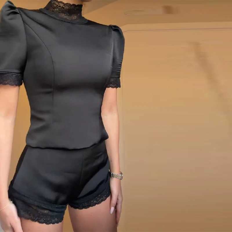 New Satin Lace Edge Top Short Sets For Women High Neck Padded Shoulder Blouse Low Waist Shorts 2026 Lady Spring Summer Outfits T260829