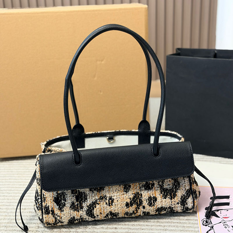 30.5x11x15cm Designer Tweed Leopard Pattern Cerf Tote Shoulder Bag Gold Turn Lock Underarm Handbag Large Capacity Baguette Multi Pochette Sac Makeup