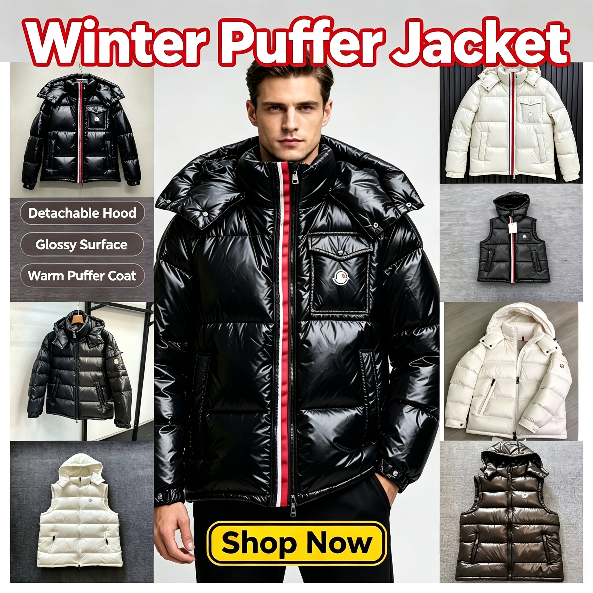 Menclo mens down jacket men winter jacket detachable hood jacket tri color contrast tape collar coat snap button puffer jacket full zip loose fit