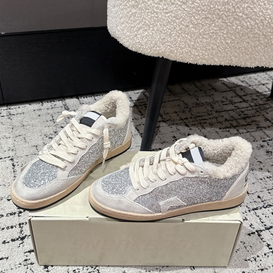 Top quality real Leather Stars fluffy furry sneakers Winter warm Lace up fur tennis shoes casual Sport shoes wool shoes Snow shoes Luxury designer s