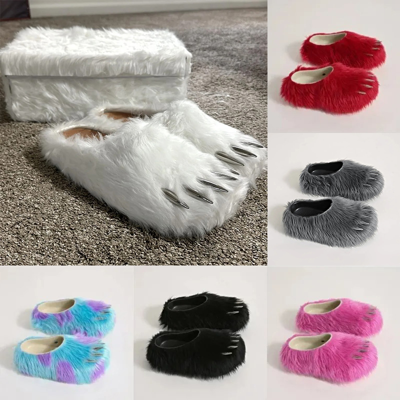 Bravest Studios Bear Claw Designer Furry Slippers Women Mules Warm Flip Flops Couple Indoor Shoes Women Cotton monster Unisex Animal Boots Fur Slide