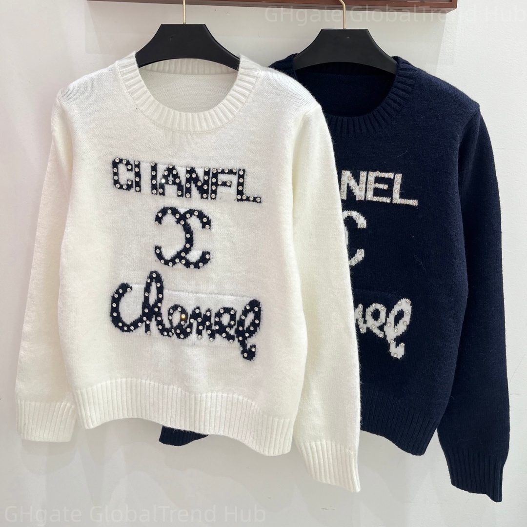 designer women Sweaters Women Crew Neck Knit Sweater Striped Trim Letter Print Long Sleeve Casual Pullover Top For Travel Vacation Daily Streetwear