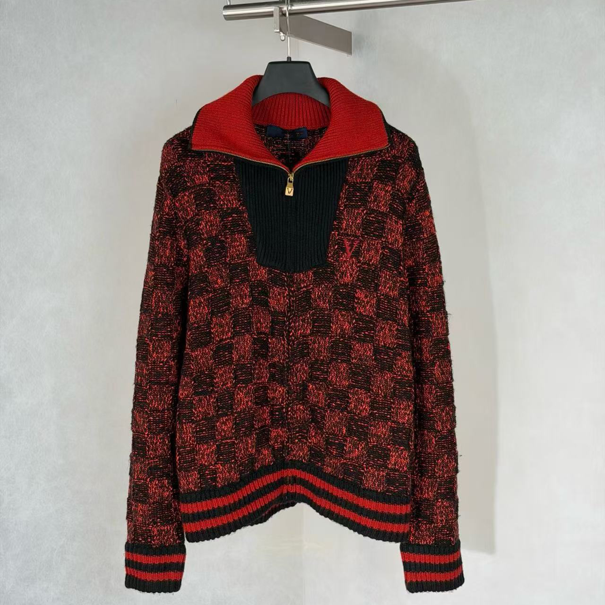 2026 autumn and winter new men's women's checkerboard pattern contrasting letters embroidered knitwear sweater Men's Zipper Jacket Hi