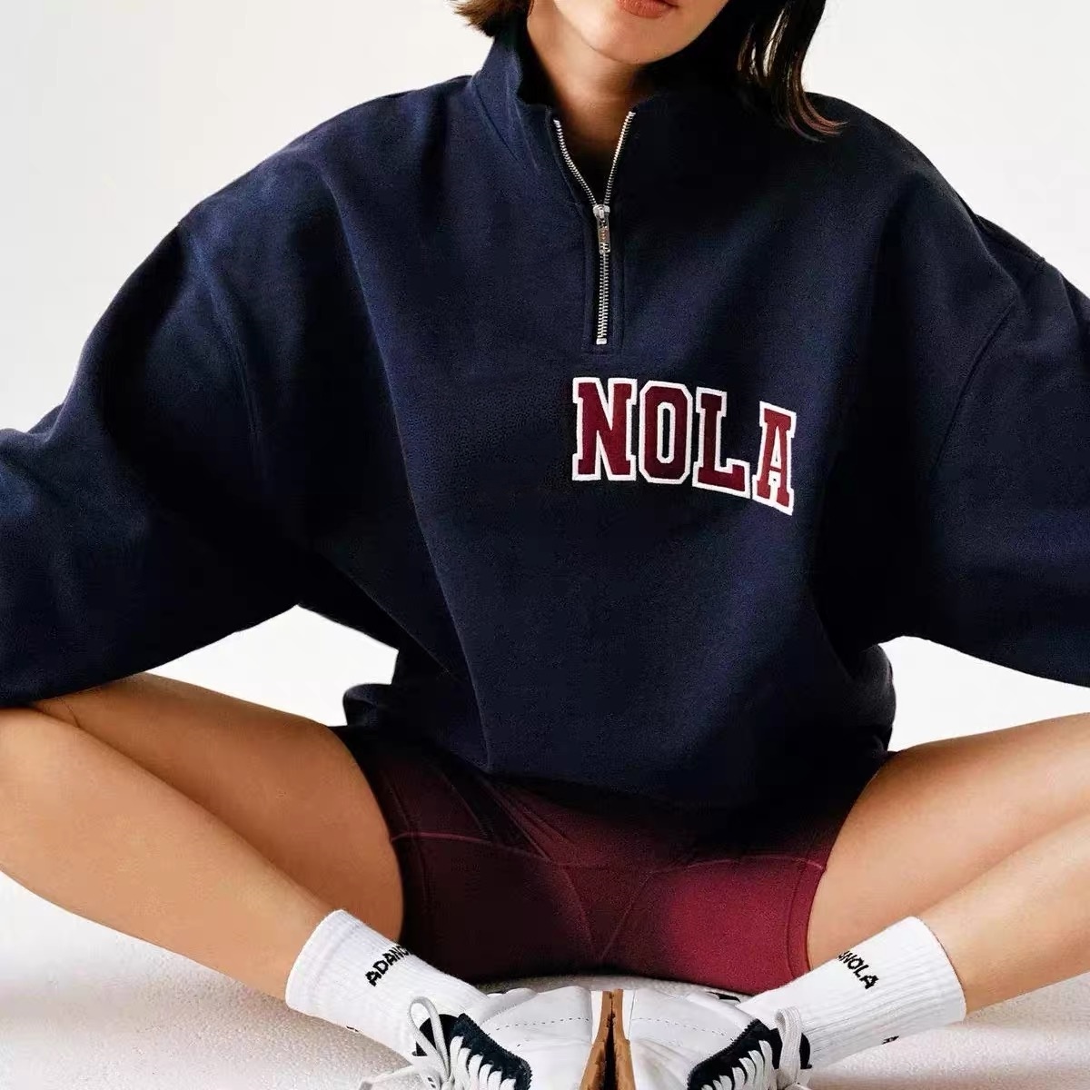 Sweat-shirt surdimensionné en coton avec fermeture éclair bleu marine de haute qualité, ample et décontracté, lettres brodées, pull de sport conf