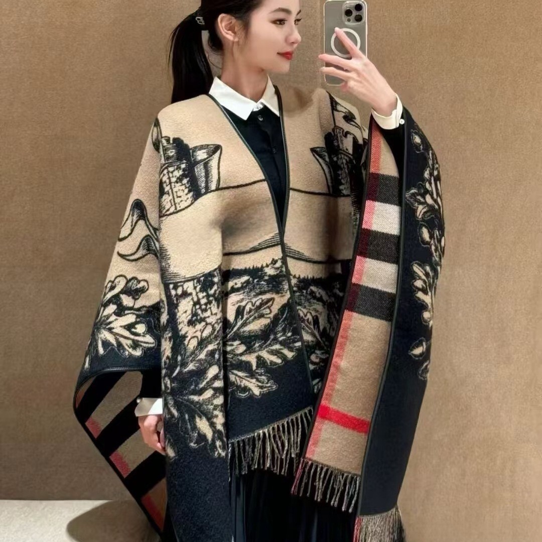Autumn Winter New Cashmere Designer Scarf For Women Letter War Horse Knight Plaid Double-sided Split Cape Shawl