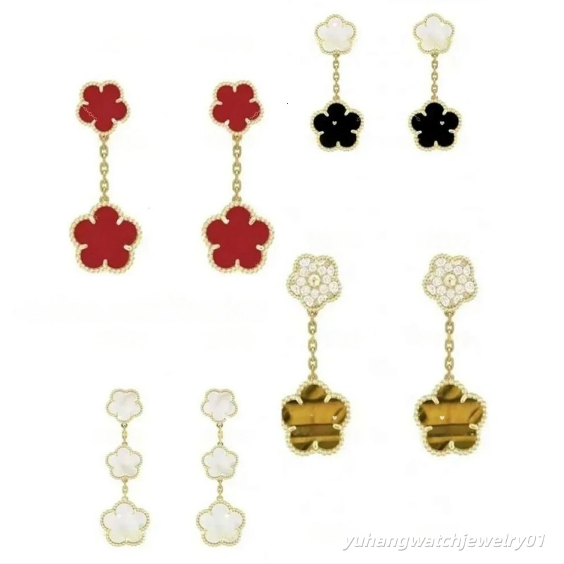 Four Leaf Clover Drop Earrings for Women, Gold Plated Double Clover Dangle Earrings, Shell/Onyx/Tiger Eye/Red Enamel Inlay Fashion Jewelry Gift
