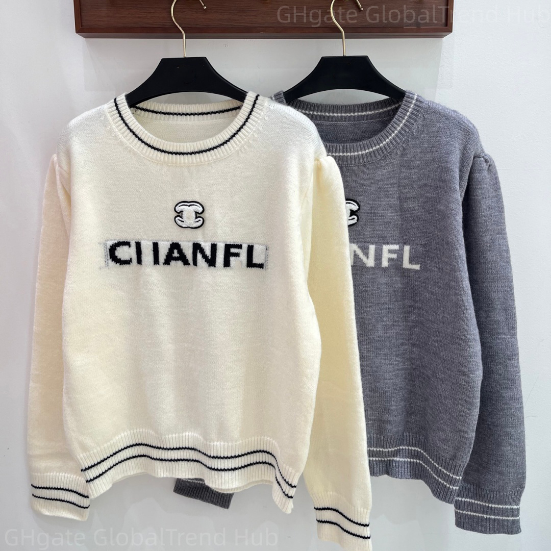 designer women Sweaters Women Crew Neck Letter Print Knit Sweater Puff Sleeve Striped Trim Long Sleeve Pullover Top For Travel Vacation Daily Street