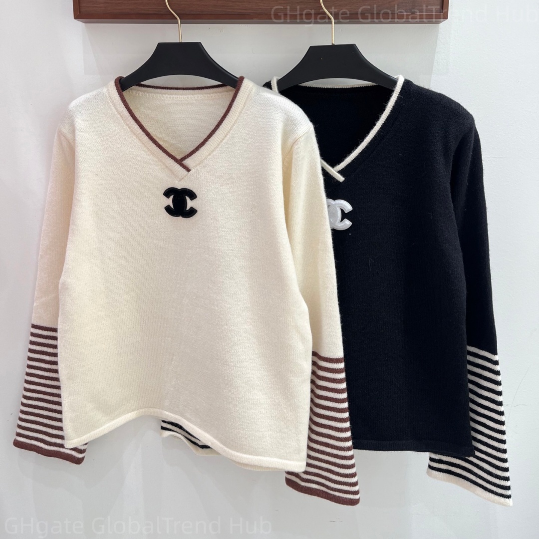 designer women Sweaters Women V Neck Knit Sweater Striped Cuff Long Sleeve Casual Pullover Top For Travel Vacation Daily Streetwear Ladies Fashion O