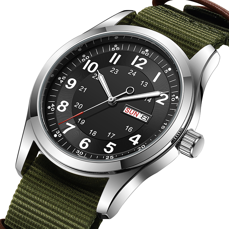 Khaki canvas band mannelijk velduurwerk lichtgevend glow in the dark wijzerplaat dagdatum casual polshorloge