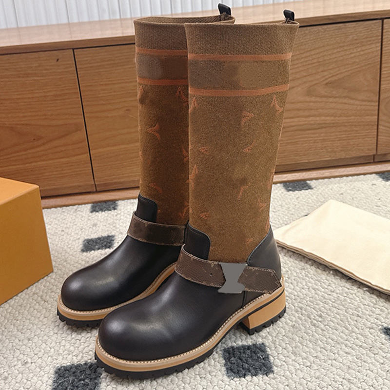 Retro style designer womens high boots luxury black cowhide patchwork brown printed elastic socks Mid boots womans fashionable outdoor wear Chelsea