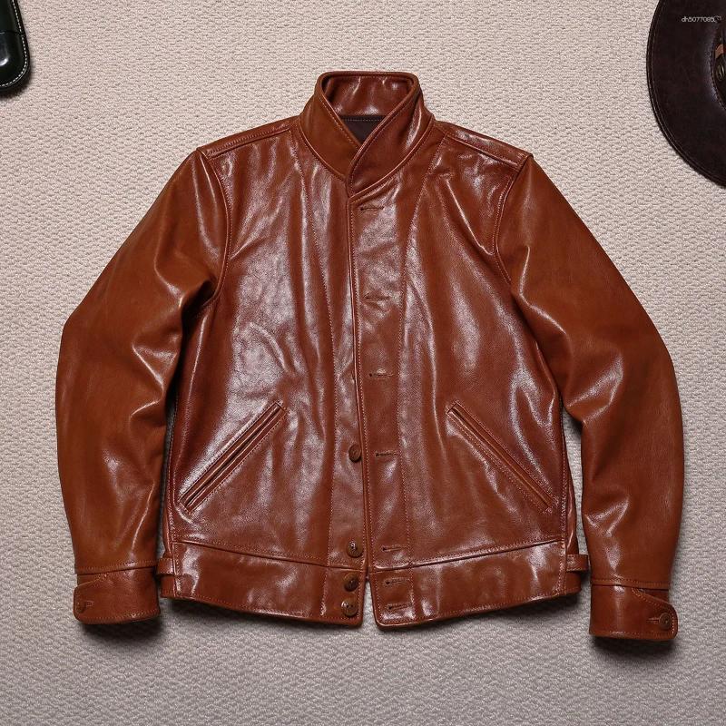 Men's Leather Tailor Vegetable Tanned Oil Waxed Goatskin American Vintage Short Genuine Jacket