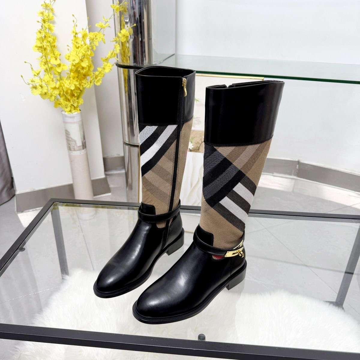 New blueberry Thigh-High boots Fashion Designer women Knee Boots plaid stripes Wedge heel Martin booties Ankle luxury belt fastener Snow Motorcycle