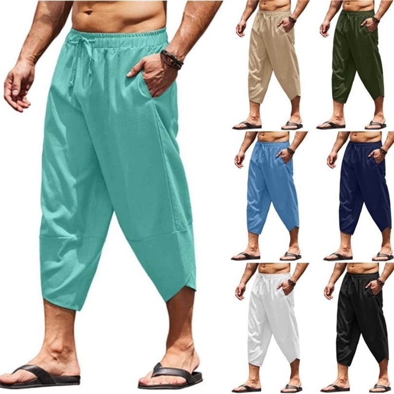 Mens Summer Cotton and Linen Pants Solid Color Scarf Elastic Waist Clamping Cord 34 Length Shorts Baggy Casual Pan 260828