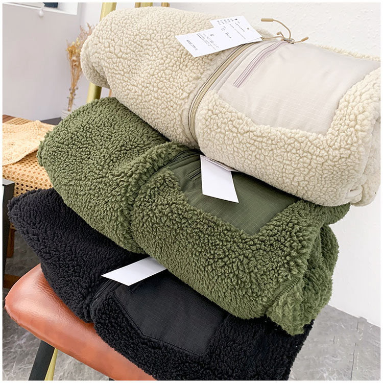 Stand Collar Windproof Lamb Fleece Zip Up Outerwear Unisex Warm Contrast Patch Pocket Relaxed Fit Casual Outdoor Multi Color Daily Jacket