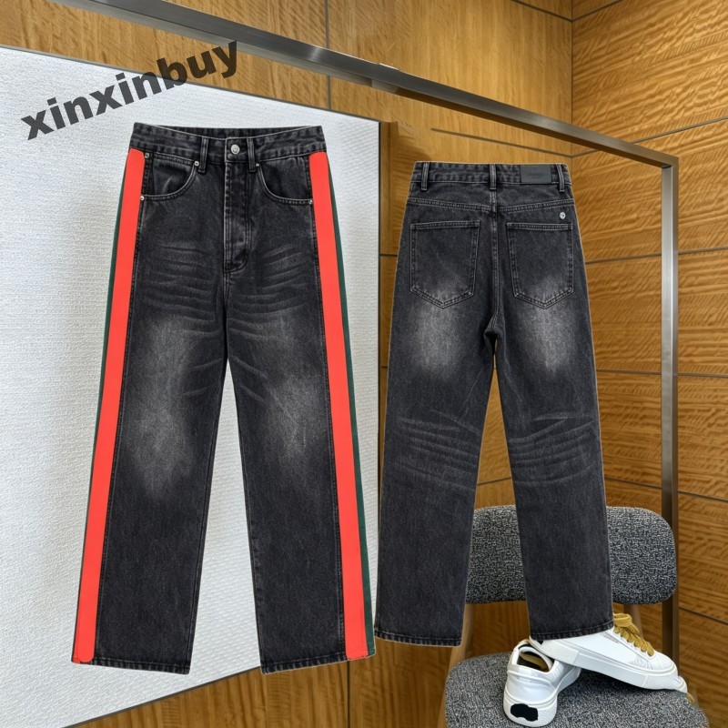 Men's Side webbing tape Straight Leg Jeans Dark Wash Loose Fit Denim Long Pants Casual Streetwear Trousers blue black red white M-2XL xinxinbuy