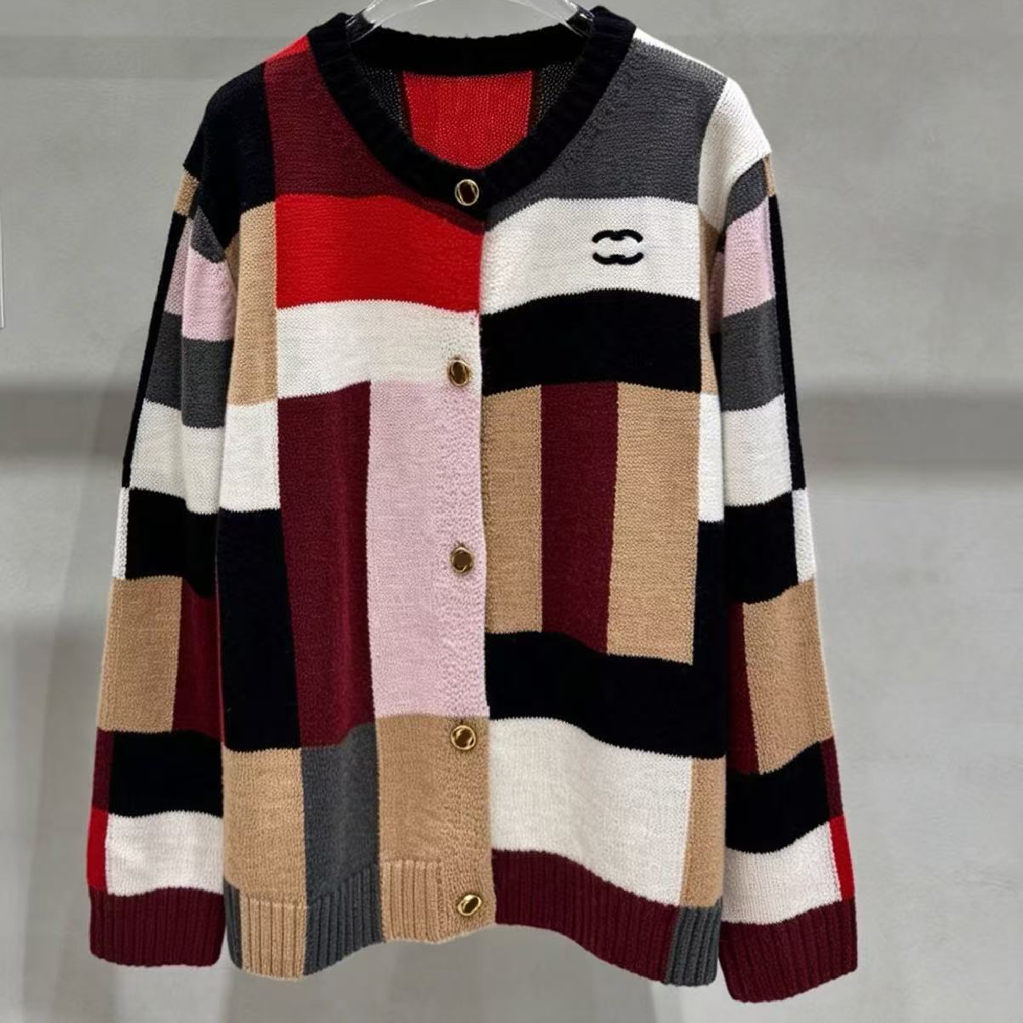 Women's Autumn New Collection Embroidered Metal Buckle Colorful Color Match Round Neck Knitted Coat Long Sleeve Loose cardigan Top Round Necks