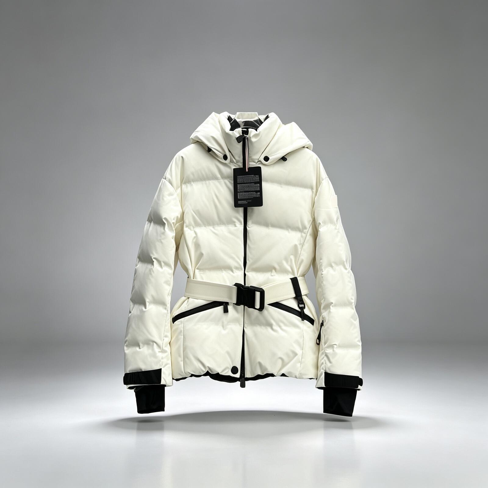 Down Jacket Women Slim Fit Short Hooded Belt Decor Winter Puffer Coat Ski Trip Outdoor Fashion logo Waterproof Wind Resistant Streetwear Ski suits w