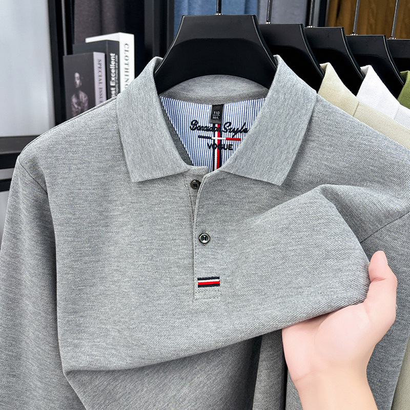Designer wholesale shirts spring and autumn styles fashionable embroidered logo men's pure cotton pique long sleeve turn down collar POLO 15