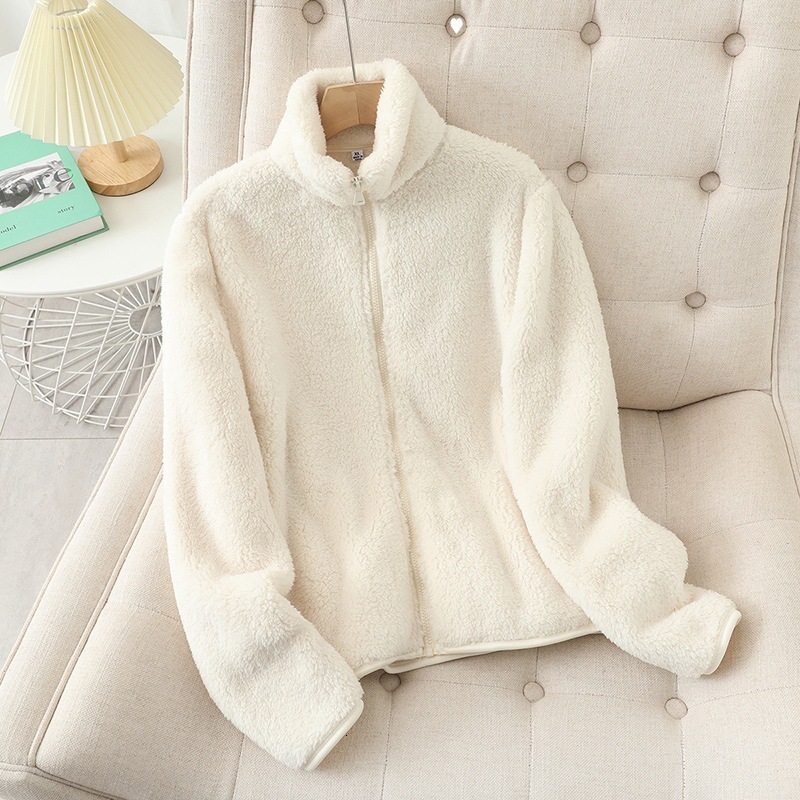 Cozy Unisex Zip Up Coral Fleece Outer Jacket Autumn Winter Stand Collar Double Sided Long Pile Warm Thick Relaxed Fit Lounge Outerwear