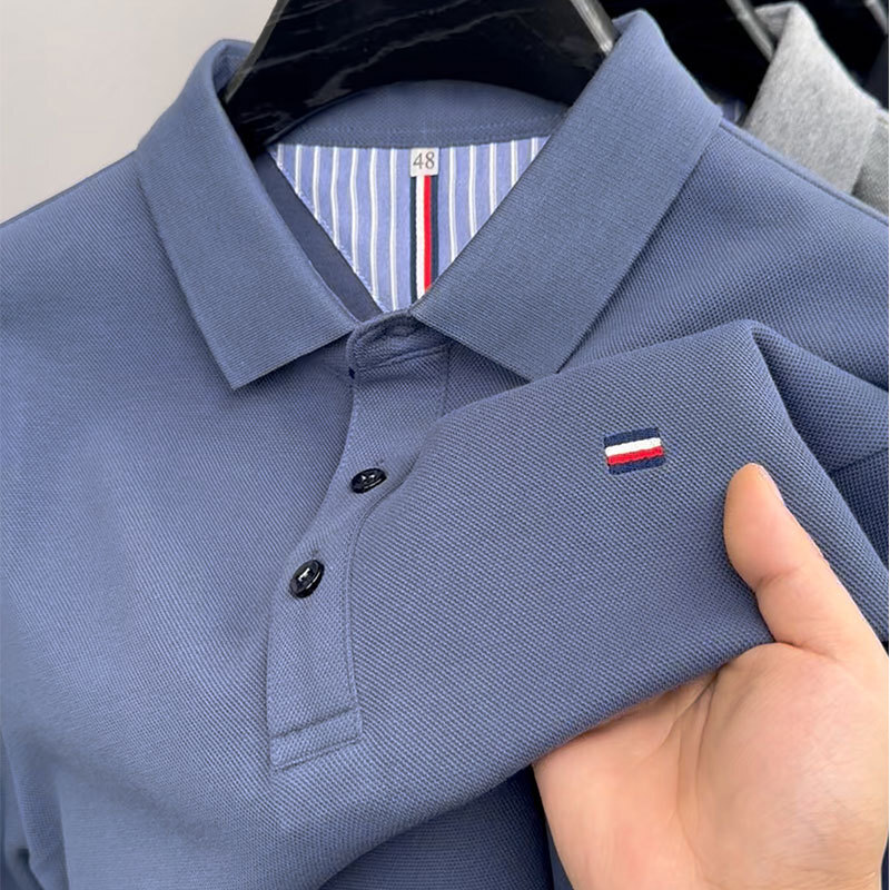 Designer foreign trade long-sleeve t-shirt, autumn high-quality turn-down collar casual loose breathable middle-aged polo shirt men's clothing