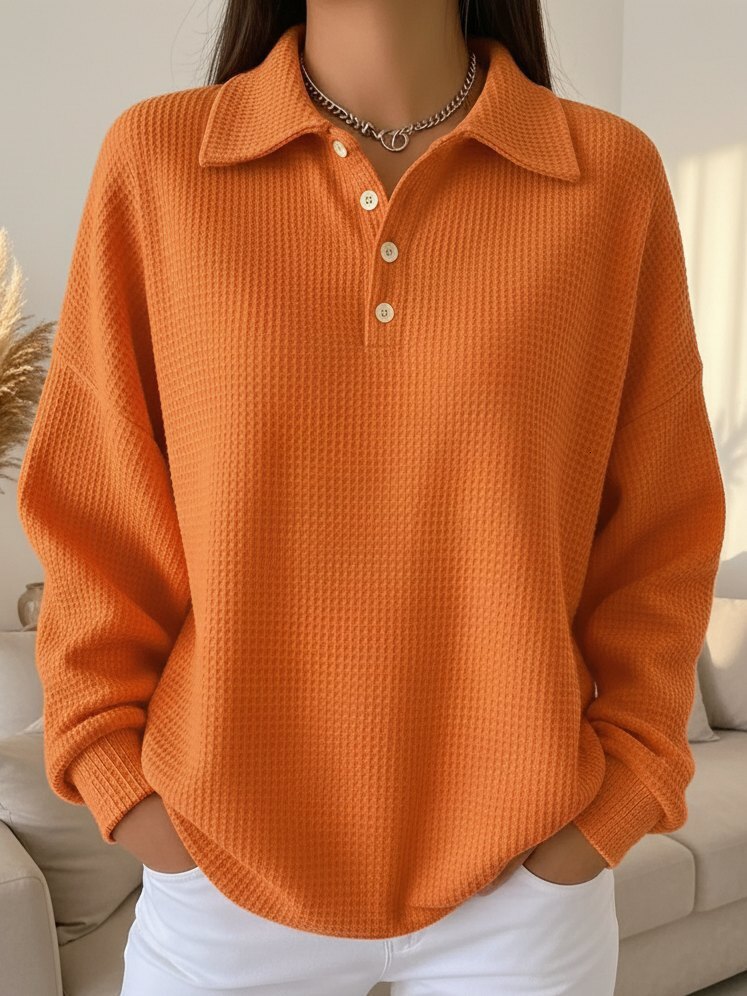 Designer European American 2026 autumn and winter new loose fitting solid color turn down collar versatile polo shirt waffle long sleeve women'
