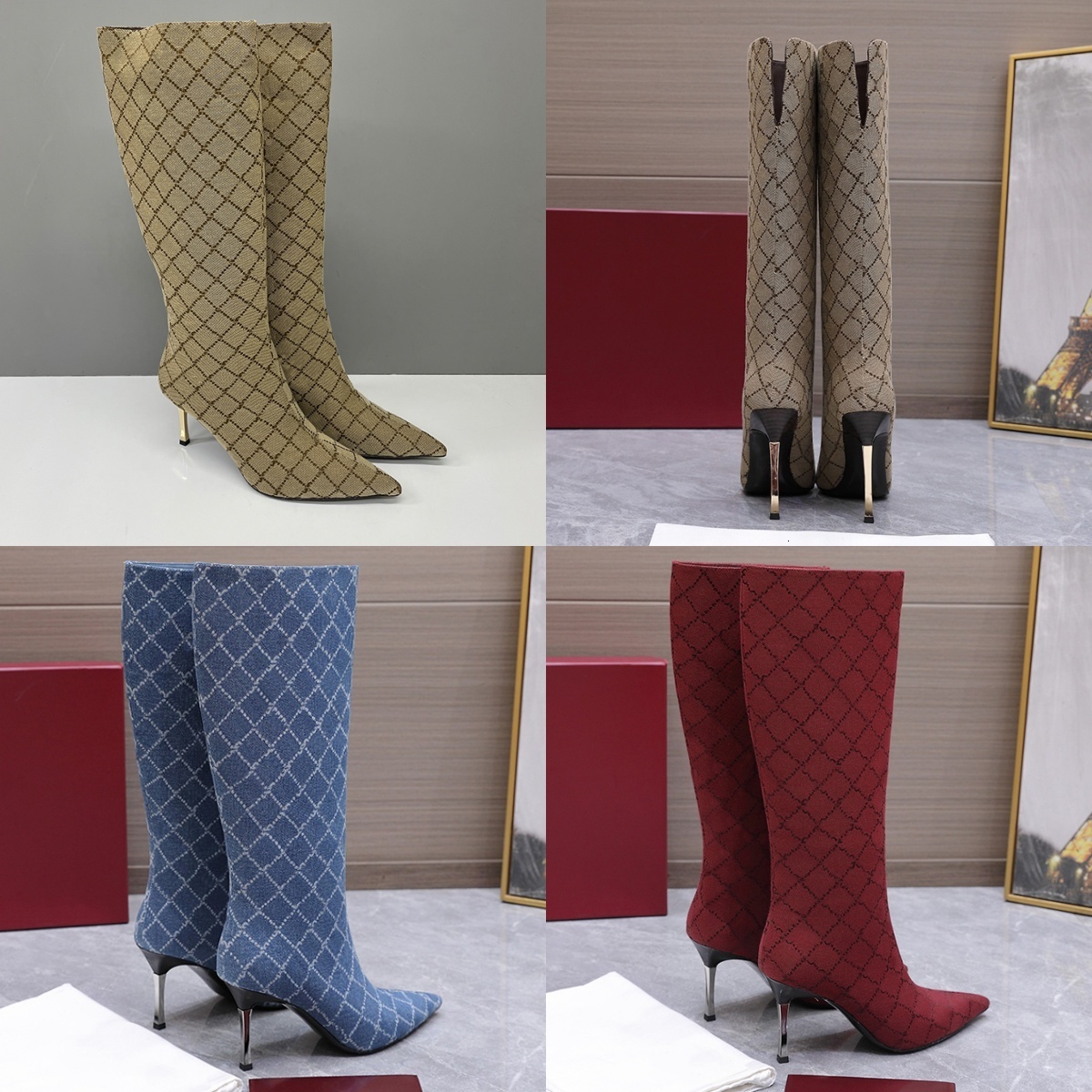 Designer Over Knee Boots Women High Quality Geometric Print Canvas Upper Pointed Toe Stiletto Heel Wardrobe Essential 1147