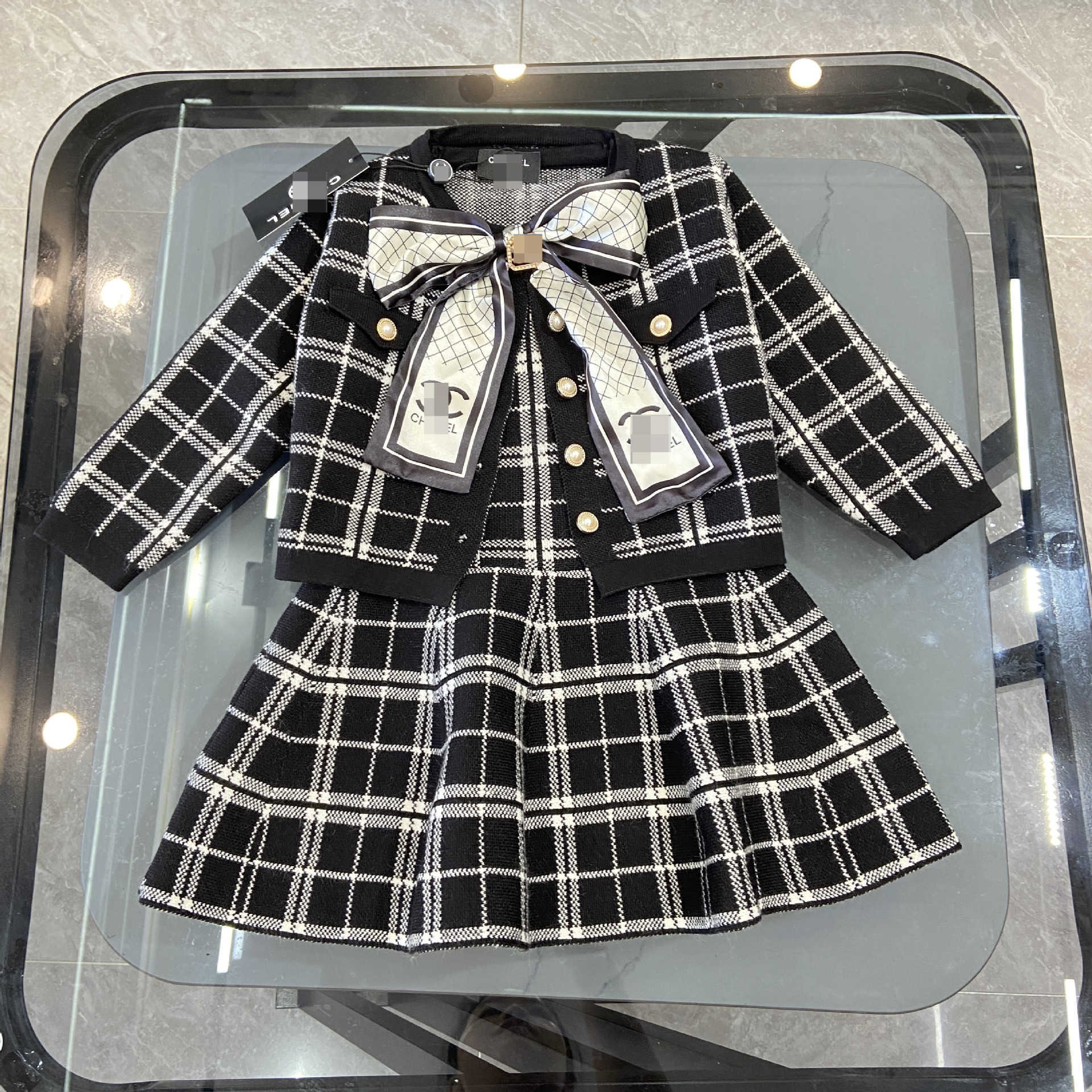 Girls' Autumn-Winter Plaid Outfit Elegant Knitted Vest Dress + Cardigan + Bow 3-Piece Short Skirt Set L26831