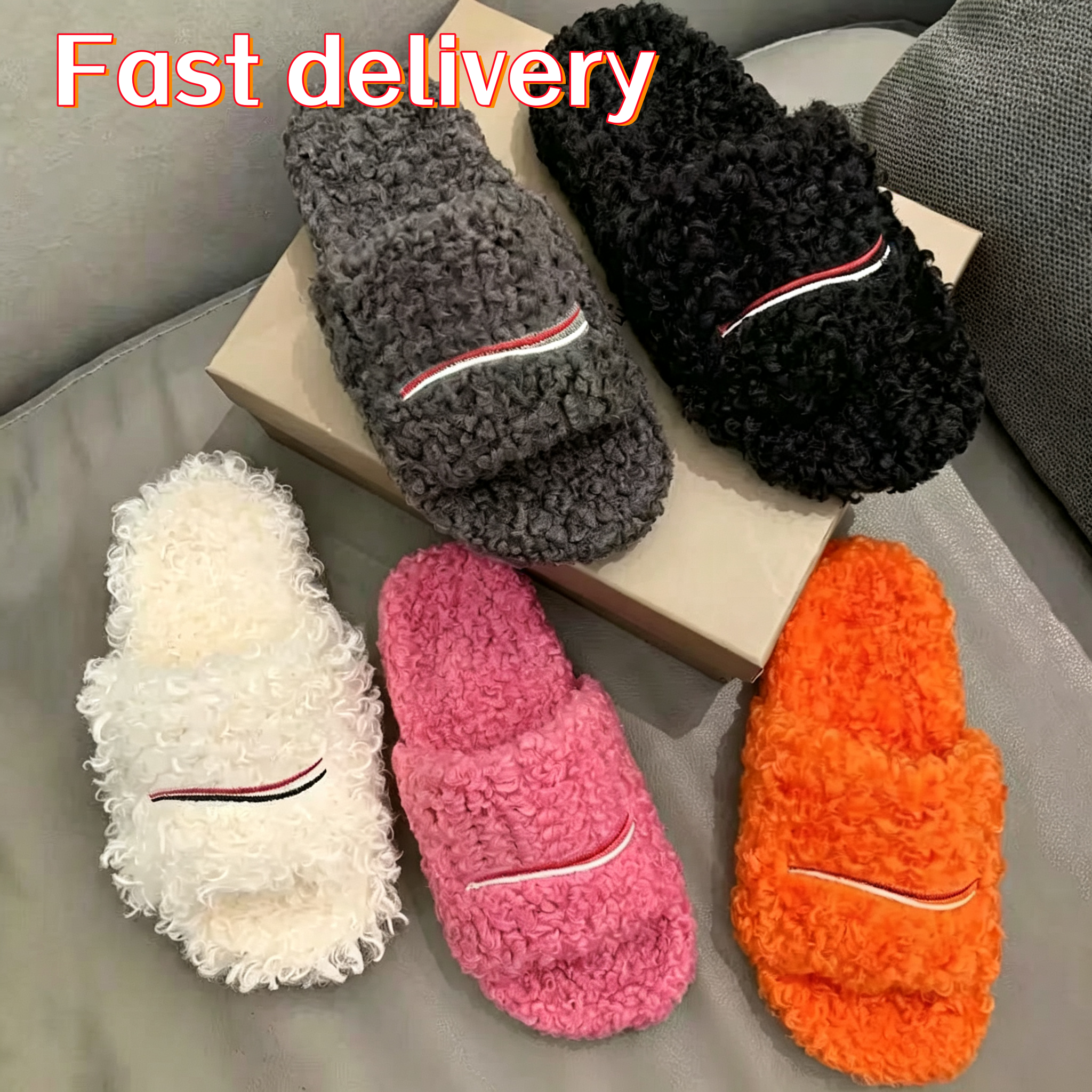 Paris Luxury Fur Slides Mules For Men Women Fuzzy Wool Furry Slippers Allover Logo Breathable Durable Fall Winter Homewear Pool Sliders Indoor Outdo
