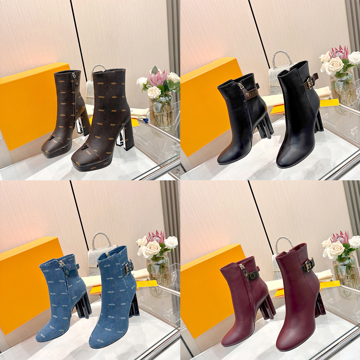 Women Ankle Boots Roman Wedge booties New Jacquard Leather snow heels Martin Knee luxury Designer Chunky Heel High quality Fall Winter Fashion Short