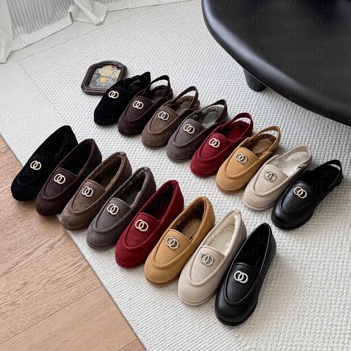 Designer Women Winter Fleece Lined CC Loafers Suede Leather Flat Slip On Shoes Metal Decor Round Toe Warm Mules Casual Daily Ladies Footwear Multi C