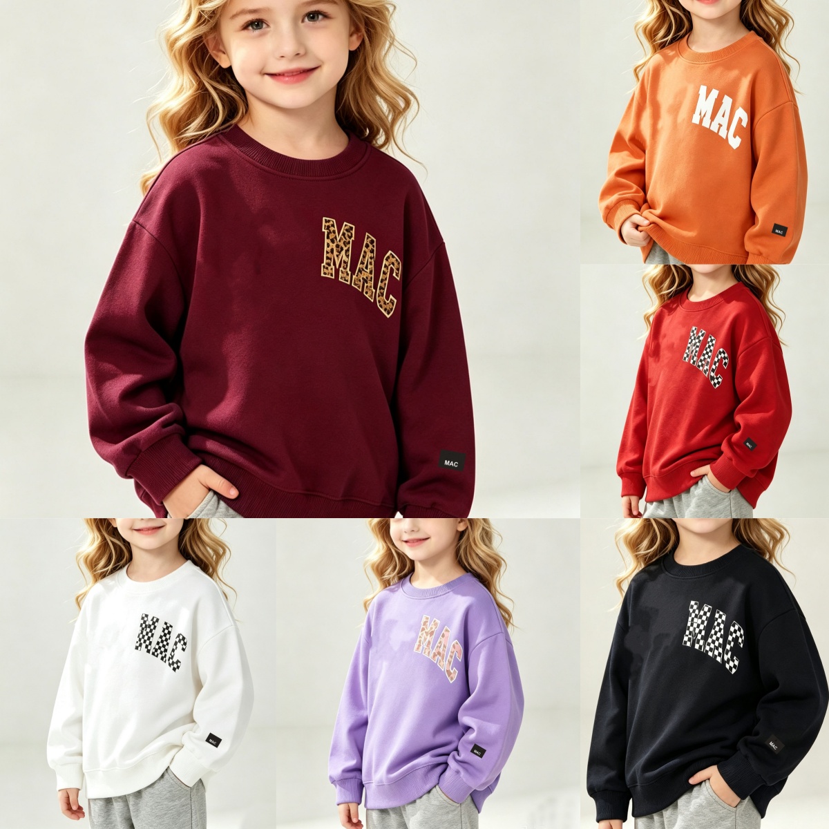UU-L6478 MAC Girls' Round Neck Printed Hoodie Loose Casual Long Sleeve Pullover for Spring and Autumn Kids Sweatshirts for Yoga and Fitness