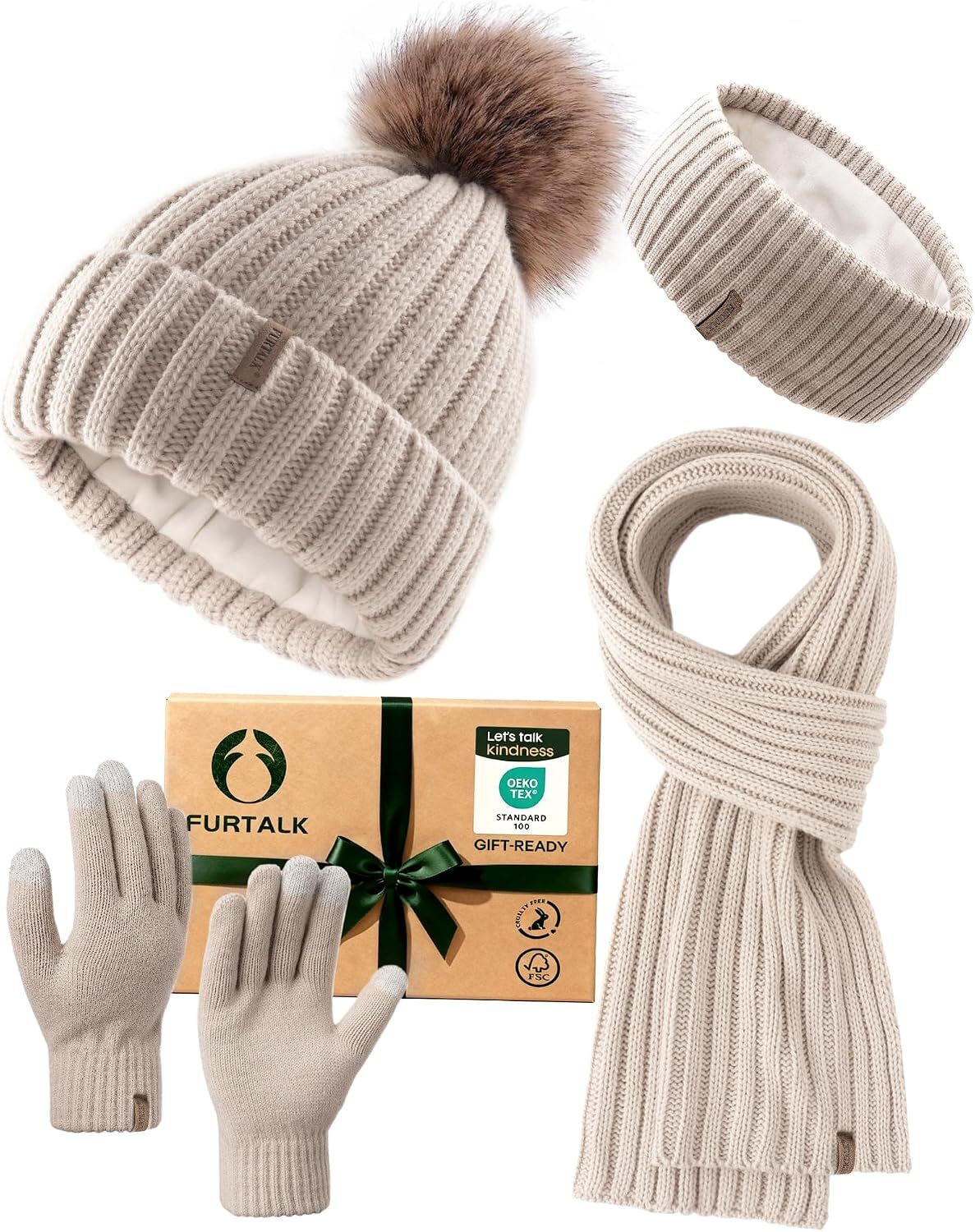 Winter Hat Gloves Scarf Headband Set for Women 4 in 1 Gift | Pom Beanie & Cold Weather Set. Warm Knitted Fleece Lining, Acrylic Touchscreen Gloves,