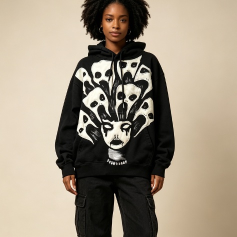 Pull à capuche court Neon Angel Graphic Skull Crying Face Hood imprimé rétro figure cheval manches imprimé Y2K Hip Hop Streetwear ample boxy unis