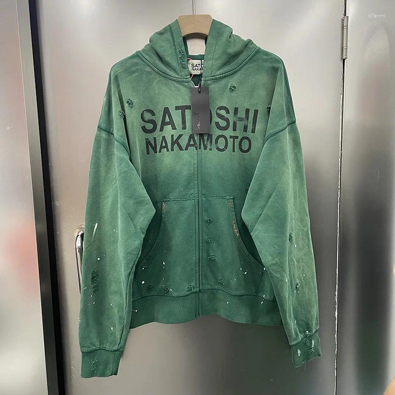 Men's Hoodies Classic Letters Print Zipper Hoodie Hooded Men Women Vintage Washed Green Damaged Hole Splashed Ink