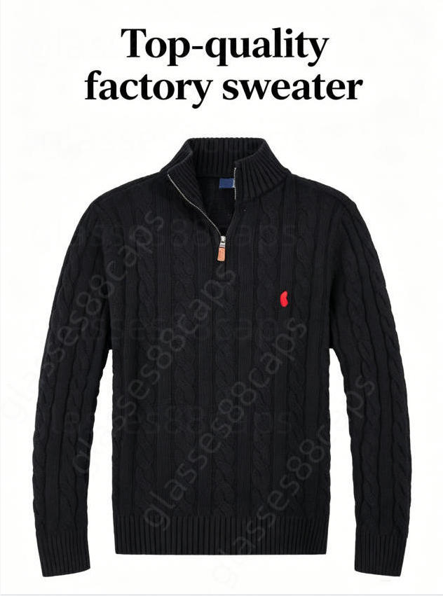 Men's Polos Sweater Jacket White quarter zip Cable-knit Zip-up High Collar Full-length Metal Zipper Ribbed Cuffs Hem Side Welt Pockets Blue Pre