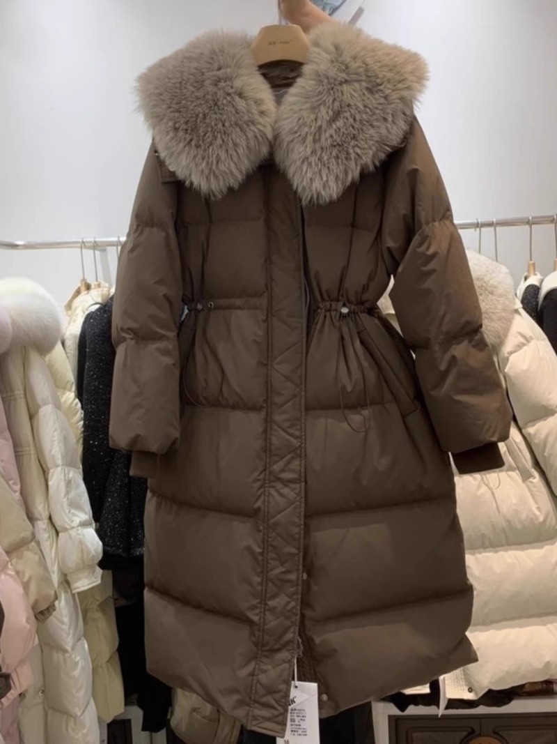 Women Long Winter Puffer Parka Large Fluffy Faux Fur Collar Adjustable Drawstring Waist Thick Warm Loose Fit Long Puffer Coat For Cold Winter