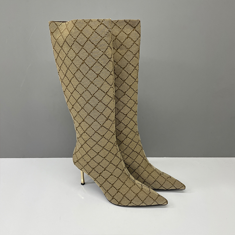 26S Nouveau sur le genou Boot Designer Femme Imprimer Haute Qualité Bout Pointu Talons Aiguilles Lettre Logo Sable Marron Foncé Toile Fente Arriè