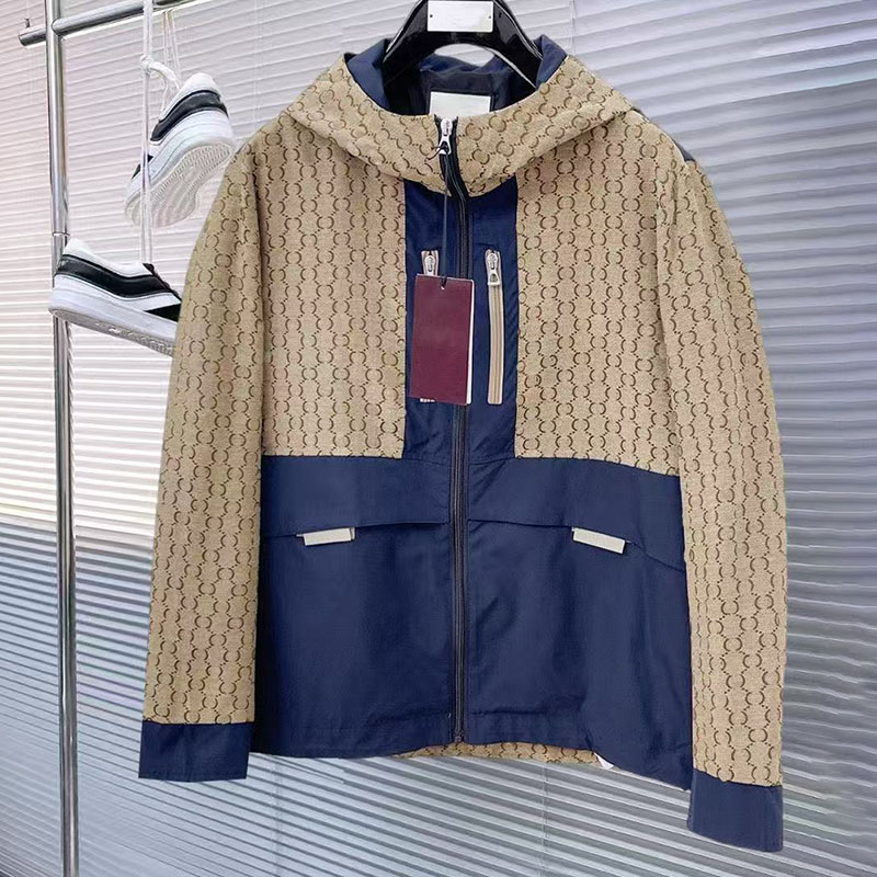 Designer men's hooded trench coat with color-block patchwork design, zip closure, high-quality men's jacket style for casual wear, comes w