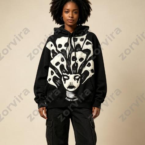 Pull à capuche court Neon Angel Graphic Skull Crying Face Hood imprimé rétro figure cheval manches imprimé Y2K Hip Hop Streetwear ample boxy unis